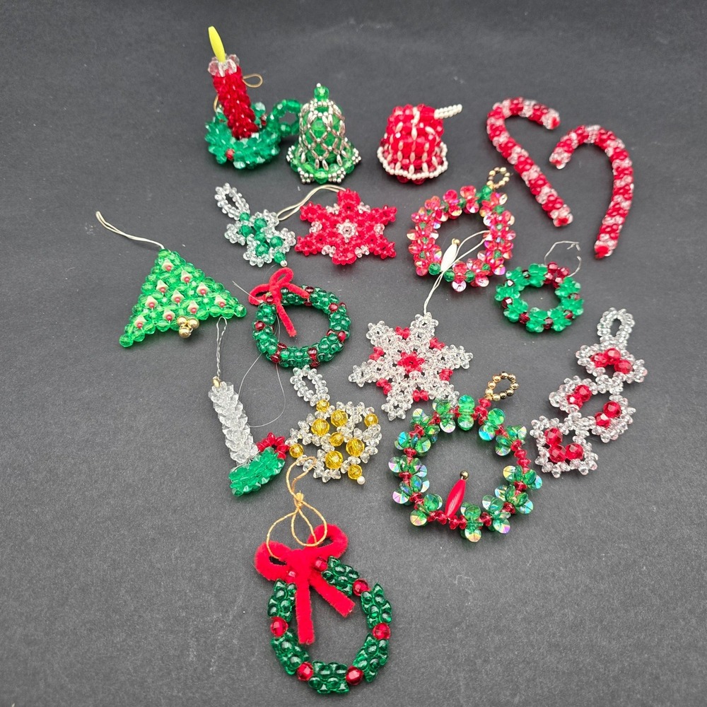 Vintage Handmade Beaded Christmas Ornaments Lot Wreaths Candy Canes Snowflakes